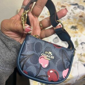 Coach Cherry Print Mini Bagcharm in Blue and Pink